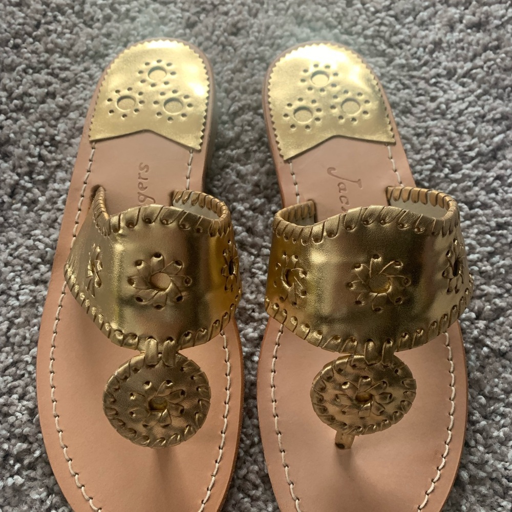 Jack Rogers Gold Sandals with Medallion Design